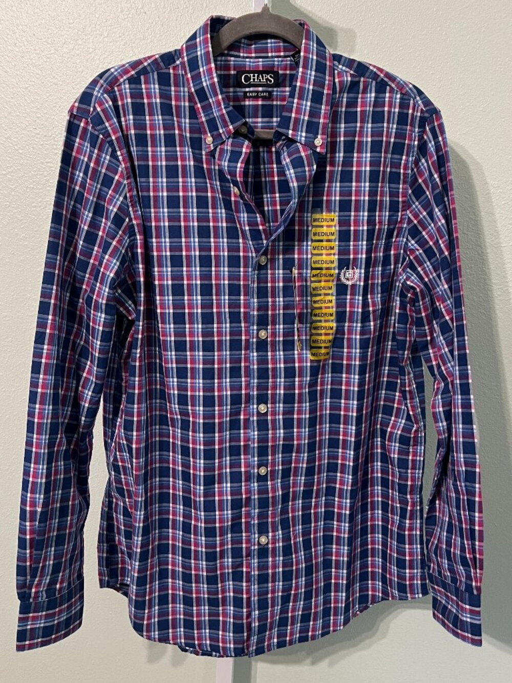 NWT Chaps Easy Care Red, White & Blue Plaid Long-Sleeve Button-Up SZ Med
